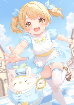 1girl :d blonde_hair blue_dress blue_ribbon blue_sky blush brown_shoes commentary_request day dress hair_ribbon highres holding holding_pocket_watch looking_at_viewer mary_janes minami_mii open_mouth original outdoors paid_reward_available panties pantyshot pocket_watch puffy_short_sleeves puffy_sleeves rebun ribbon round_teeth running shoes short_hair short_sleeves sky smile solo teeth thighhighs twintails underwear upper_teeth_only watch white_panties white_thighhighs yellow_eyes
