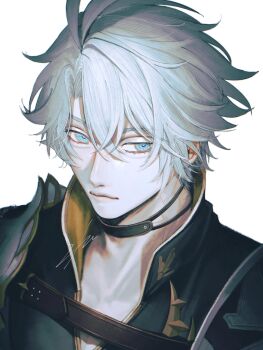 1boy absurdres antenna_hair armor belt black_belt black_choker blue_eyes choker closed_mouth collarbone crossed_bangs hair_between_eyes hashtag-only_commentary highres honkai:_star_rail honkai_(series) ieririr lips looking_at_viewer male_focus phainon_(honkai:_star_rail) short_hair shoulder_armor simple_background solo upper_body white_background white_hair