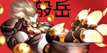 1boy absurdres artificial_eye banyue_(zenless_zone_zero) claws floating_ball glowing glowing_eyes glowing_hand grey_hair highres humanoid_robot long_hair male_focus mechanical_arms mechanical_eye mechanical_hands orb red_background robot robot_boy s3aofst4rs sharp_teeth solo teeth upper_body zenless_zone_zero