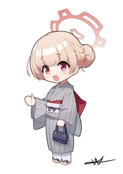 1girl :d absurdres bag blue_archive blush braid brown_hair brown_sandals chibi commentary english_commentary full_body grey_kimono hair_bun halo highres holding holding_bag japanese_clothes kimono long_sleeves looking_at_viewer nodoka_(blue_archive) nodoka_(hot_spring)_(blue_archive) obi open_mouth pantyhose red_eyes sandals sash shuni_valentine signature simple_background smile solo standing striped_clothes striped_kimono vertical-striped_clothes vertical-striped_kimono white_background white_pantyhose wide_sleeves zouri