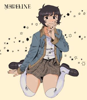 1girl absurdres blue_jacket buttons character_name commentary full_body hand_on_own_face heidi_(heytherenrds) highres jacket original over-kneehighs plaid_clothes plaid_skirt sitting skirt socks solo symbol-only_commentary thighhighs wariza white_socks yellow_background