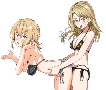 2girls alice_margatroid alternate_costume ass ass_grab bent_over bikini blush bow braid breasts censored commentary dry_humping green_eyes hair_between_eyes hands_on_another's_hips highres humping kirisame_marisa long_hair looking_at_viewer masho_makamaka medium_breasts multiple_girls o-ring o-ring_top open_mouth print_bikini sex short_hair shoulder_blades side-tie_bikini_bottom side_braid simple_background single_braid star_(symbol) star_print star_print_bikini swimsuit touhou white_background white_bow yuri