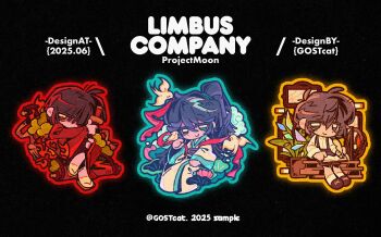 Rule 34 | 1girl, 2boys, black eyes, black hair, chibi, chinese clothes, closed mouth, collared shirt, commentary, crystal wings, e.g.o (project moon), flower, full body, gostcat, hagoromo, hanfu, heterochromia, highres, holding, holding sword, holding weapon, hong lu (project moon), japanese clothes, katana, kimono, limbus company, long sleeves, looking at viewer, lotus, lotus leaf, mirror, multiple boys, project moon, red eyes, red kimono, ryoshu (project moon), shawl, shirt, sitting, smile, sword, symbol-only commentary, weapon, white hanfu, white shirt, wings, yi sang (project moon)