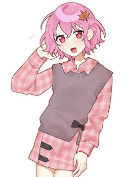 Rule 34 | 1boy, :d, braid, commentary, cowboy shot, crossdressing, hand in own hair, highres, inushimaya, leaf, maple leaf, open mouth, pink eyes, pink hair, pretty series, pripara, reona west, short hair, single braid, smile, solo, trap