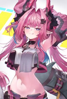 Rule 34 | 1girl, :q, absurdres, arknights, arknights: endfield, armpits, black horns, blue hair, blush, chromatic aberration, closed mouth, commentary, crop top, detached sleeves, elevation contour lines, hair intakes, highres, horns, long hair, long sleeves, looking at viewer, multicolored hair, navel, pink hair, pink horns, pink sleeves, pointy ears, ppot, purple eyes, solo, stomach, streaked hair, stretching, tail, tongue, tongue out, upper body, yvonne (arknights)