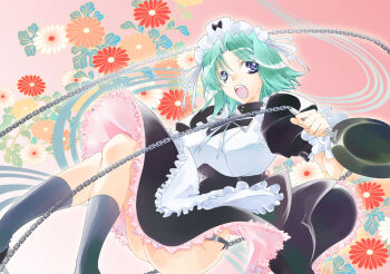 1girl alice_soft blue_eyes chain female_focus flower frills frying_pan green_hair kikkawa_kiku kyouya maid open_mouth rance_(series) sengoku_rance socks solo