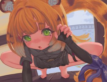 1girl animal_ear_fluff animal_ears barefoot black_gloves black_shirt black_shorts blonde_hair blush bow breasts elbow_gloves feet fingerless_gloves fingernails gloves green_eyes highres ju_fufu loli long_hair looking_at_viewer open_mouth senvik69 shirt shorts small_breasts solo squatting tail tail_bow tail_ornament teeth thigh_strap thighs tiger_ears tiger_girl tiger_tail toenails toes upper_teeth_only white_hair wooden_floor zenless_zone_zero
