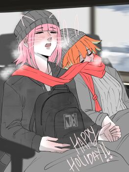 2girls alternate_costume blush breasts commentary couple english_commentary english_text green_hair height_difference highres holding_hands hololive hololive_english jasper_xandros large_breasts long_hair mori_calliope multicolored_hair multiple_girls open_mouth orange_hair pink_hair sleeping sleeping_on_person takanashi_kiara virtual_youtuber yuri