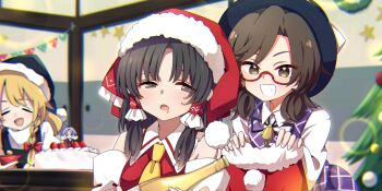 4girls alternate_headwear ascot baba_(baba_seimaijo) black_eyes black_hair black_hat blonde_hair blush bow braid cake christmas_tree closed_eyes collared_shirt commentary cup drooling eating english_commentary food food_on_face frilled_bow frilled_hair_tubes frills fur-trimmed_headwear fur_trim fusuma game_cg glasses grin hair_bow hair_tubes hakurei_reimu hat highres holding holding_cup holding_unworn_clothes indoors kirisame_marisa lens_flare long_hair long_sleeves low_twintails mini_person minigirl mouth_drool multiple_girls no_headwear official_art open_mouth plaid_clothes plaid_skirt plaid_vest purple_skirt purple_vest red-framed_eyewear red_bow red_hat sakazuki santa_hat semi-rimless_eyewear shirt side_braid single_braid skirt sleepy sliding_doors smile star_(symbol) sukuna_shinmyoumaru table third-party_source touhou touhou_lostword twintails under-rim_eyewear usami_sumireko vest white_shirt yellow_ascot