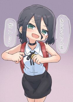 1girl aged_down backpack bag black_choker black_hair black_ribbon black_skirt chainsaw_man choker commentary_request crime_prevention_buzzer green_eyes grey_background hair_between_eyes neck_ribbon open_mouth reze_(chainsaw_man) ribbon sagami_sagari shirt skirt sleeveless sleeveless_shirt solo speech_bubble translation_request white_shirt