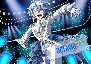 1boy 55wa1059ka :d ascot belt blue_gemstone blue_hair blush braid brooch chain character_name coat coattails commentary concert crowd english_commentary epaulettes frilled_coat frilled_cuffs frills gem gloves glowstick happy highres holostars holostars_english idol idol_clothes jacket jewelry long_coat male_focus multiple_braids octavio open_mouth outstretched_arms pants penlight_(glowstick) pink_eyes smile solo spotlight stage stage_lights tri_braids virtual_youtuber white_ascot white_gloves white_jacket white_pants