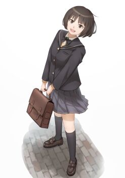 1girl :d amagami black_bow black_bowtie black_jacket black_sailor_collar blazer bob_cut bow bowtie breasts brick_floor briefcase brown_bag brown_eyes brown_hair brown_shoes collared_shirt commentary dress_shirt from_above from_side full_body grey_skirt hashtag-only_commentary head_tilt highres holding jacket kibito_high_school_uniform kneehighs loafers looking_at_viewer looking_to_the_side looking_up loose_hair_strand messy_hair mikawa_mikan open_mouth pleated_skirt sailor_collar school_briefcase school_uniform shirt shoes short_hair skirt small_breasts smile socks solo standing sweater tachibana_miya teeth two-handed upper_teeth_only v_arms white_background white_shirt white_socks wind yellow_sweater