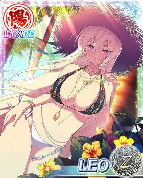 Rule 34 | 1girl, aquarius (symbol), aries (symbol), bikini, black bikini, blonde hair, blue sky, blush, border, breasts, cancer (symbol), capricorn (symbol), card (medium), character name, cleavage, coconut, coconut tree, cowboy shot, day, dodecagram, earrings, flower, gem, gemini (symbol), gold earrings, gold necklace, groin, hair between eyes, hand on own hip, hat, hibiscus, holding, holding removed eyewear, hoop earrings, jewelry, large breasts, leaf, leo (senran kagura), leo (symbol), libra (symbol), light particles, light rays, linea alba, long hair, looking at viewer, micro bikini, multiple necklaces, navel, necklace, official art, outdoors, palm leaf, palm tree, pendant, pisces (symbol), print bikini, purple eyes, sagittarius (symbol), school emblem, scorpio (symbol), senran kagura, senran kagura new wave, shiny skin, side-tie bikini bottom, sky, smile, solo, straw hat, sunbeam, sunlight, swimsuit, taurus (symbol), tree, tropical, unworn eyewear, very long hair, virgo (symbol), white bikini, white gem, yellow flower, zodiac wheel