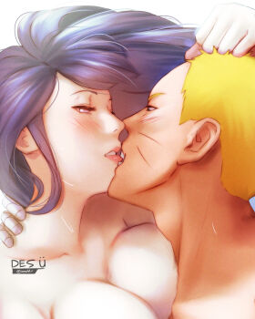 Rule 34 | 1boy, 1girl, bandaged hand, bandages, biting, biting another's lip, black hair, blonde hair, blue eyes, blush, breasts, commentary, english commentary, facial mark, half-closed eyes, hand on another's head, hetero, highres, hyuuga hinata, iamdslr, large breasts, long hair, naruto: the last, naruto (series), nude, parted lips, pink lips, purple eyes, tumblr username, uzumaki naruto, whisker markings