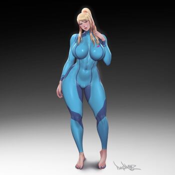 Rule 34 | 1girl, barefoot, blonde hair, blue bodysuit, blue eyes, blue nails, bodysuit, breasts, cameltoe, covered navel, impossible clothes, large breasts, latex, long hair, looking at viewer, metroid, nail polish, nintendo, pinkdrawz, samus aran, sidelocks, solo, thick lips, thick thighs, thighs, toenail polish, toenails, toes, watermark, web address, zero suit