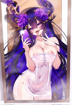1girl black_hair black_nails breasts breasts_squeezed_together capycapy collarbone colored_inner_hair corrupted_twitter_file covered_erect_nipples crossed_bangs flower hair_between_eyes hair_flower hair_ornament highres holding holding_phone indie_virtual_youtuber large_breasts long_hair mirror mirror_selfie multicolored_hair naked_towel navel phone purple_eyes purple_flower purple_hair selfie solo tongue tongue_out towel unjaded_(vtuber) v virtual_youtuber wet_towel