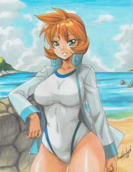 1girl absurdres aged_up beach blue_sky breasts cloud competition_swimsuit covered_navel curvy day gen_1_pokemon green_eyes grin gym_leader highres jacket large_breasts long_sleeves looking_at_viewer misty_(pokemon) navel nintendo ocean one-piece_swimsuit open_clothes open_jacket orange_hair outdoors pokemon pokemon_hgss ravernclouk_design rock shiny_skin short_hair sky smile solo sportswear swimsuit thick_thighs thighs track_jacket water white_one-piece_swimsuit wide_hips