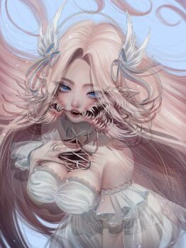 1girl aegyo_sal bifurcated_jaw blonde_hair blue_eyes body_horror bow breasts cleavage commentary detached_sleeves dress english_commentary extra_teeth gurokawa hair_bow hair_ornament highres hole_in_chest hole_on_body long_hair looking_at_viewer monster_girl neck_ribbon open_mouth original ribbon sacrilaig solo stitched_chest very_long_hair white_dress wing_hair_ornament