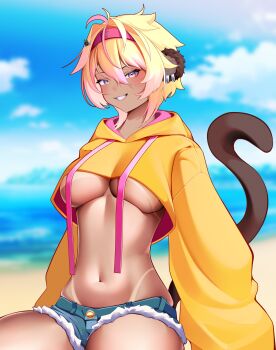 1girl absurdres animal_ears beach blonde_hair blue_sky breasts dark-skinned_female dark_skin hairband highres hood hoodie indie_virtual_youtuber koko_d._nuts large_breasts mats_kuro monkey_ears monkey_girl monkey_tail navel outdoors pink_hair short_hair short_shorts shorts sky smile tail tan tanline underboob virtual_youtuber water yellow_hoodie