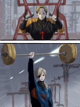 1boy 1girl arm_up barbell chainsaw_man exercising exercise_machine eyepatch facial_hair grey_hair gym hair_over_one_eye highres iing_naoe jacket kick_back_(song) kishibe_(chainsaw_man) long_hair looking_at_another looking_to_the_side old ponytail pulling quanxi_(chainsaw_man) scar scar_on_face scene_reference short_hair stubble track_jacket track_suit weightlifting