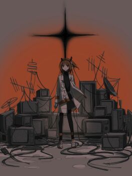 1girl a.i._voice adachi_rei arms_at_sides belt black_pantyhose black_shirt black_skirt cable cangshu_zhezhezi closed_mouth computer crt expressionless floating_hair gloves highres jacket junk computer_keyboard looking_at_viewer netsu_ijou_(utau) orange_belt orange_eyes orange_hair overskirt pantyhose radio_antenna satellite_dish shirt shoes skirt sneakers solo standing static television turtleneck utau white_gloves white_jacket wide_shot wind