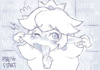 1girl blush cheek_pinching crown eyelashes highres long_hair mario_(series) monochrome nintendo one_eye_closed oyatsu_(mk2) pinching princess_peach pulling_tongue super_mario_64 sweat tears tongue tongue_out