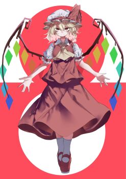 1girl absurdres blonde_hair closed_mouth crystal_wings flandre_day flandre_scarlet hair_between_eyes hat hat_ribbon highres looking_at_viewer mary_janes mob_cap muraryo rainbow_wings red_background red_eyes red_ribbon red_shirt red_shoes red_skirt ribbon shirt shoes short_hair skirt sleeve_garter smile socks solo touhou two-tone_background white_background white_shirt white_socks wings