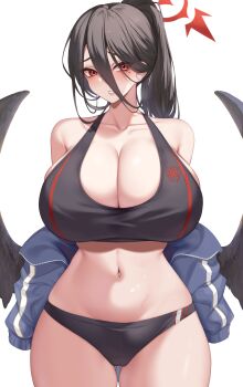 1girl bare_shoulders black_hair black_sports_bra black_wings blue_archive blue_jacket breasts cleavage collarbone commentary_request cowboy_shot feathered_wings gluteal_fold hair_between_eyes halo hasumi_(blue_archive) high_ponytail higher_resolution_available highres huge_breasts jacket kuavera long_hair long_sleeves looking_at_viewer low_wings mole mole_under_eye navel open_clothes open_jacket parted_lips ponytail raised_eyebrows red_eyes skindentation sleeves_past_fingers sleeves_past_wrists solo sports_bra sweat thighs track_jacket wings zipper