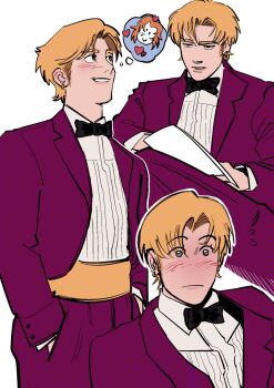 Rule 34 | 1girl, androgynous, black bow, black bowtie, blonde hair, blue eyes, blush, bow, bowtie, commentary, crossed legs, cummerbund, dreamcastomatic, dress shirt, earrings, english commentary, formal clothes, halftone, hands in pockets, highres, jacket, jewelry, king (snk), multiple girls, open clothes, open jacket, pants, purple jacket, purple pants, ryuuko no ken, sash, shirt, short hair, simple background, sitting, smile, speech bubble, the king of fighters, thick eyebrows, thought bubble, white background, white shirt, yellow sash