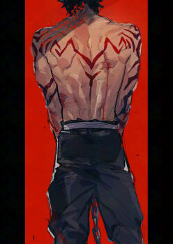 Rule 34 | 1boy, arm tattoo, back, back muscles, back tattoo, black pants, blood, bluesky username, chain, commentary request, feet out of frame, forbartz xylo, from behind, highres, injury, male focus, ogata tomio, pants, pillarboxed, red background, standing, tattoo, topless male, twitter username, yuushakei ni shosu