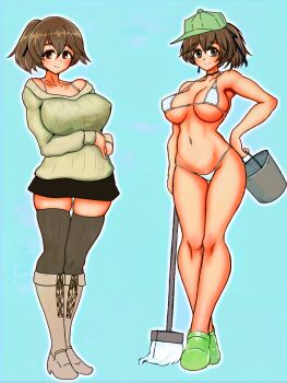 1girl :&gt; absurdres alternate_costume aqua_background bikini blush breasts broom brown_eyes brown_hair bucket choker closed_mouth curvy full_body girls_und_panzer highres koyama_yuzu large_breasts long_hair looking_at_viewer multiple_views navel official_alternate_costume ponytail ru_radish_01 smile solo swimsuit thong thong_bikini white_bikini white_choker wide_hips