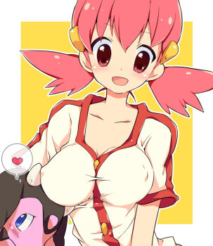 1990s_(style) 1girl breasts covered_erect_nipples gen_2_pokemon gym_leader hair_ornament large_breasts miltank nakamura_sandayo nintendo pink_hair pokemon pokemon_(creature) pokemon_gsc red_eyes retro_artstyle twintails whitney_(pokemon)