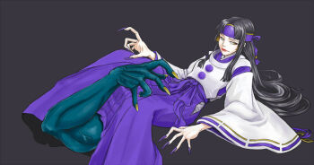 Rule 34 | 1990s (style), 1girl, black hair, detached sleeves, female focus, gohei, hakama, hakama skirt, headband, highres, japanese clothes, long hair, miko, rashoujin mizuki, red hakama, retro artstyle, samurai spirits, shide, skirt, snk, solo, wide sleeves