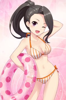 Rule 34 | 1girl, alternative girls, bare shoulders, bikini, black hair, blush, highres, innertube, lifeguard, light blush, official art, one eye closed, ponytail, purple eyes, saionji rei, smile, striped bikini, striped clothes, swim ring, swimsuit
