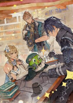 1girl 2boys arm_armor arm_rest armor bare_shoulders beret black_coat black_gloves black_hair blonde_hair blue_eyes book book_stack breasts cleavage coat collared_coat commentary dress duo_(duolingo) duolingo english_commentary fingerless_gloves flins_(genshin_impact) flower fur_trim genshin_impact gloves green_hat hair_between_eyes hair_flower hair_ornament hand_up hat holding holding_quill indoors looking_at_another lumine_(genshin_impact) medium_breasts multiple_boys open_book pauldrons quill quinny_il short_hair short_hair_with_long_locks shoulder_armor single_pauldron sitting standing studying table tankard varka_(genshin_impact) white_dress yellow_eyes