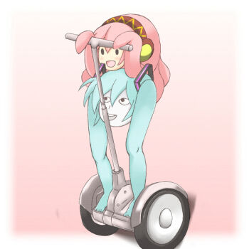 2girls aqua_hair blue_hair blush colored_skin hair_ornament handlebar headphones headset kus legs long_hair megurine_luka multiple_girls necktie no_humans octopus open_mouth pink_background pink_hair riding segway shirt shiteyan&#039;yo smile stack takoluka teeth tentacle_hair tentacles twintails upturned_eyes very_long_hair vocaloid what wheel white_skin