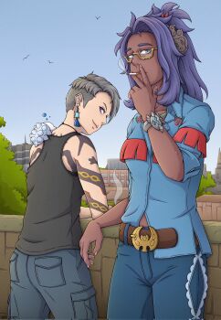 2girls arm_tattoo asymmetrical_hair belt black_tank_top blue_pants blue_shirt bracelet brown_belt cigarette dark-skinned_female dark_skin day earrings gen_8_pokemon grey_hair hair_ornament highres itsraijet jetsam_(itsraijet) jewelry long_hair multiple_girls nintendo on_shoulder original outdoors pants pokemon pokemon_(creature) pokemon_on_shoulder pokemon_sv purple_eyes purple_hair raifort_(pokemon) shirt short_hair sidecut smoking snom tank_top tassel tassel_earrings tattoo undercut