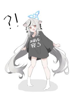 !? 1girl animal_ears bare_arms bare_legs black_hair black_shirt blue_archive blue_halo breasts clothes_writing collarbone commentary_request gradient_hair grey_hair hair_between_eyes hair_ornament halo highres kokona_(blue_archive) long_hair looking_at_viewer multicolored_hair orange_eyes outstretched_arms oversized_clothes shirt simple_background socks straight_hair streaked_hair tiger_ears tovjiw6kok72805 two-tone_hair v-shaped_eyebrows very_long_hair wavy_mouth white_background white_socks