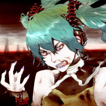 Rule 34 | 1girl, angry, aqua eyes, aqua hair, clenched teeth, fangs, female focus, fingernails, hagane miku, hagane vocaloid, hatsune miku, headphones, outdoors, pale skin, scar, shizuoka (bl09), sky, solo, spikes, teeth, twintails, vocaloid