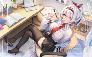 1girl absurdres arm_support artist_name baton_(weapon) belt bilibili_username black_belt black_choker black_skirt black_thighhighs blue_jacket book border bow breasts center_frills chain chair character_request chinese_commentary choker commentary_request computer cropped_jacket crossed_legs cushion desk earrings expandable_baton frills from_above garter_straps glasses hair_between_eyes hair_bow hand_up headband high_heels highres holding holding_pen indie_virtual_youtuber jacket jewelry lace lace-trimmed_thighhighs lace_trim laptop large_breasts long_hair long_sleeves looking_at_viewer mat miniskirt mole mole_under_eye necktie notebook on_chair open_book open_clothes open_jacket parted_lips pen pink_lips plant pleated_skirt pointy_ears ponytail potted_plant purple_eyes q18607 red_bow red_necktie rug semi-rimless_eyewear shirt shirt_tucked_in sidelocks single_off_shoulder sitting skirt solo swivel_chair table thighhighs thighs tray two-sided_belt under-rim_eyewear very_long_hair virtual_youtuber watermark weapon white_hair white_shirt yellow-framed_eyewear