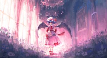 1girl absurdres ascot bat_wings blush bow chinese_commentary collared_shirt commentary_request flower frilled_shirt_collar frills hat hat_ribbon highres holding holding_flower mob_cap pink_hat pink_shirt pink_skirt purple_hair red_ascot red_bow red_eyes red_ribbon red_shoes remilia_scarlet ribbon shirt shoes short_sleeves skirt sleeve_bow socks solo takerdaze touhou white_socks wings wrist_cuffs