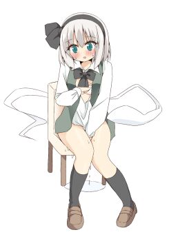 1girl black_bow black_bowtie black_hairband black_socks blue_eyes blush bottomless bow bowtie bra breasts brown_shoes chair collared_shirt commentary_request female_masturbation fingering grabbing_own_breast green_vest grey_hair hairband highres hitodama kneehighs konpaku_youmu konpaku_youmu_(ghost) loafers long_sleeves looking_at_viewer masturbation medium_breasts on_chair open_clothes open_mouth open_vest partially_unbuttoned pink_bra pussy_juice pussy_juice_puddle shirt shishiky shoes simple_background sitting socks solo sweat touhou underwear vest white_background white_shirt