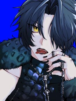 1boy animal_print asaba_harumasa black_hair black_nails black_sweater blue_background blue_scarf chain chain_necklace commentary fangs fur-trimmed_sleeves fur_scarf fur_trim hair_over_one_eye highres jewelry kr_zzzhrws leopard_print looking_at_viewer male_focus multiple_rings necklace official_alternate_costume open_mouth parted_bangs piercing portrait ring scarf short_hair silver_ring sleeveless sleeveless_turtleneck solo sweater tongue tongue_out tongue_piercing turtleneck turtleneck_sweater yellow_eyes zenless_zone_zero