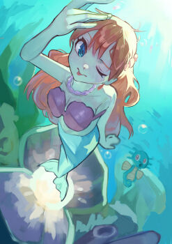 1girl ;p absurdres air_bubble arm_up bare_arms bare_shoulders bead_necklace beads bikini bikini_top_only blue_eyes breasts bubble cleavage closed_mouth collarbone coral earrings eyelashes flower freediving from_above gen_1_pokemon hair_down hair_ornament hand_up highres horsea jewelry light_rays long_hair looking_at_viewer looking_up medium_breasts mermaid mermaid_misty_(pokemon) misty_(pokemon) monster_girl monsterification necklace nintendo one_eye_closed orange_hair pearl_necklace pokemon pokemon_(anime) pokemon_(classic_anime) rasoso_(wyzx4524) rock shading_eyes shell shell_bikini smile solo submerged sunlight swimming swimsuit tongue tongue_out underwater water