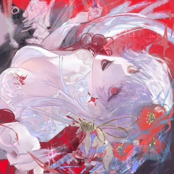 1girl absurdres artist_request chinese_commentary collarbone commentary commission coquelic_(blossom)_(path_to_nowhere) coquelic_(path_to_nowhere) facial_mark fangs flower from_above hair_flower hair_ornament highres long_hair looking_at_viewer official_alternate_costume open_mouth path_to_nowhere poppy_(flower) red_eyes red_flower red_lips second-party_source sideways_glance smile solo teardrop_facial_mark upper_body white_hair