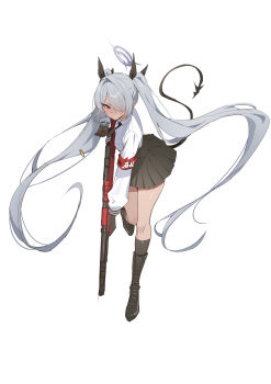 1girl absurdres armband black_boots black_gloves black_necktie black_skirt black_socks blue_archive bolt_action boots bow closed_mouth dark-skinned_female dark_skin full_body gloves grey_hair gun hair_bow hair_over_one_eye halo highres holding holding_gun holding_weapon iori_(blue_archive) kneehighs lace-up_boots long_hair long_sleeves looking_at_viewer necktie parack pleated_skirt pointy_ears red_eyes rifle shell_casing shirt shirt_tucked_in sidelocks simple_background skirt socks solo tail twintails very_long_hair weapon white_background white_shirt