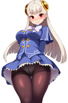 1girl absurdres arms_behind_back blue_dress blush breasts brown_pantyhose closed_mouth commentary_request dress eyebrows_hidden_by_hair gluteal_fold groin highres igarashi_gozo ingrid_(capcom) large_breasts lips long_hair looking_at_viewer panties panties_under_pantyhose pantyhose red_eyes simple_background smile solo street_fighter street_fighter_6 street_fighter_zero_(series) underboob underwear white_background white_hair white_panties