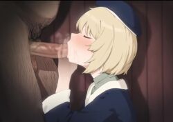 1boy 1girl animated beret blonde_hair blue_capelet blue_robe blush body_hair capelet closed_eyes clothed_female_nude_male commentary_request dark-skinned_male dark_skin dungeon_meshi erection falin_touden fat fat_man fellatio from_side hand_up hat heavy_breathing hetero kotoribako leg_hair male_pubic_hair nude oral paid_reward_available penis profile pubic_hair robe short_hair sound steam tagme upper_body veins veiny_penis video