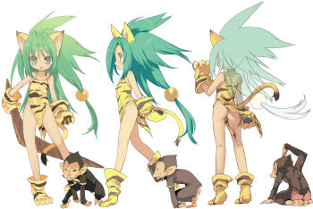 1girl animal_ears animal_hands animal_print ass blade_(galaxist) boomerang bottomless cat_ears cat_tail cham_cham flat_chest gloves green_eyes green_hair hair_ornament highres monkey multiple_views no_panties paku_paku paw_gloves paw_shoes queen's_blade queen's_gate samurai_spirits shoes simple_background snk sphere_hair_ornament tail tiger_print torn_clothes turnaround white_background wind wind_lift