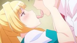 1boy 1girl animated anime_screenshot bathroom blonde_hair blush close-up french_kiss hair_ribbon hands_on_another&#039;s_face hetero highres honoo_no_haramase_oppai_ero_appli_gakuen implied_sex kisaragi_kyouko kiss looking_at_another majime_masato open_mouth orange_eyes ponytail ribbon saliva sound tongue tongue_out video